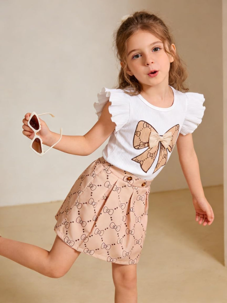 Toddler Girls Clothes Cap Sleeve T-Shirt + Bowknot Print 2pcs Summer Shorts Outfit Set For Girls, Years