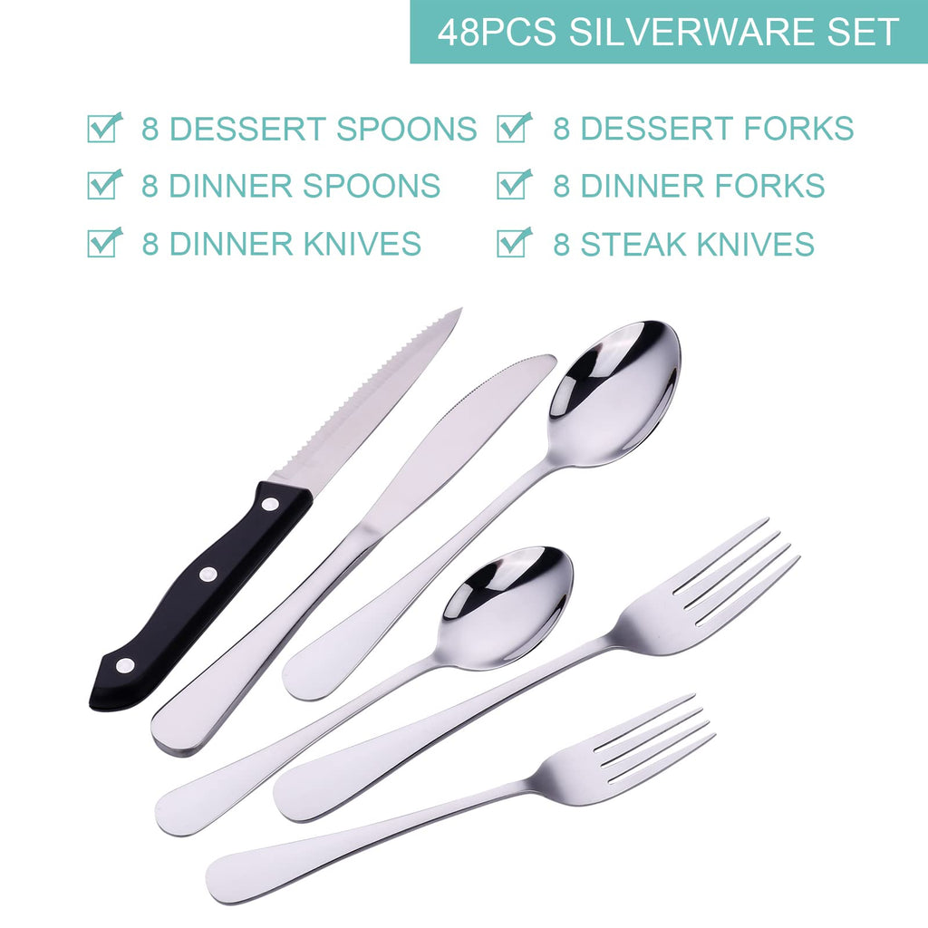 48 Piece Metal Everyday Modern Silverware Set with Steak Knives 18/0 Stainless Steel Flatware Cutlery Reusable Lunch
