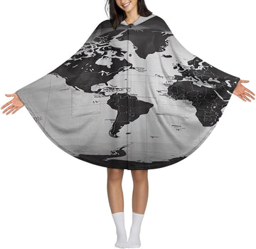 Black And White World Map Wearable Blanket Hoodie Flannel Hooded Blanket | Sweatshirt Oversized Cozy Sweater Gift