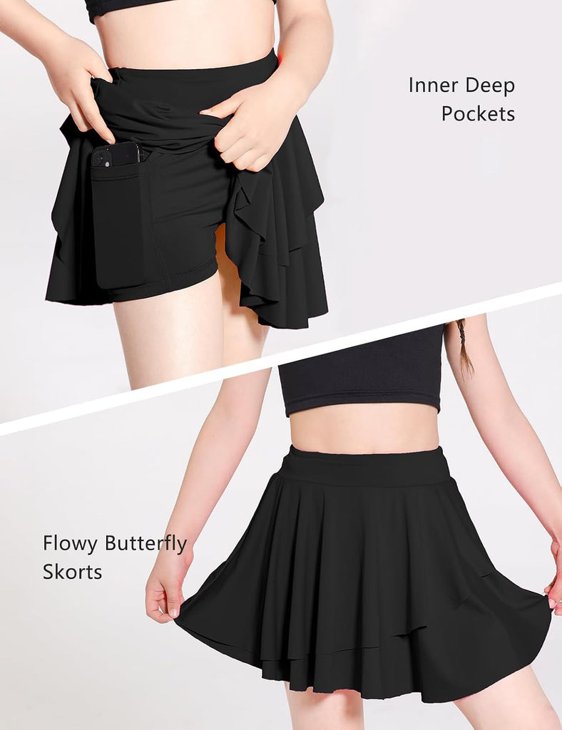 Girls Tennis Skirts Layered Ruffle Athletic Flowy Skirts with Pocket Skorts for Girls