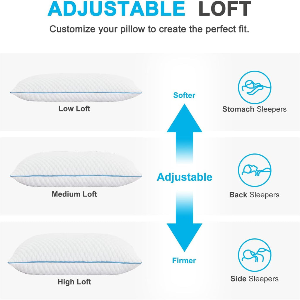Cooling Shredded Memory Foam Bed Pillows, Standard Size, 4 Pack, 20 x 26 in | Adjustable Firm, Supportive