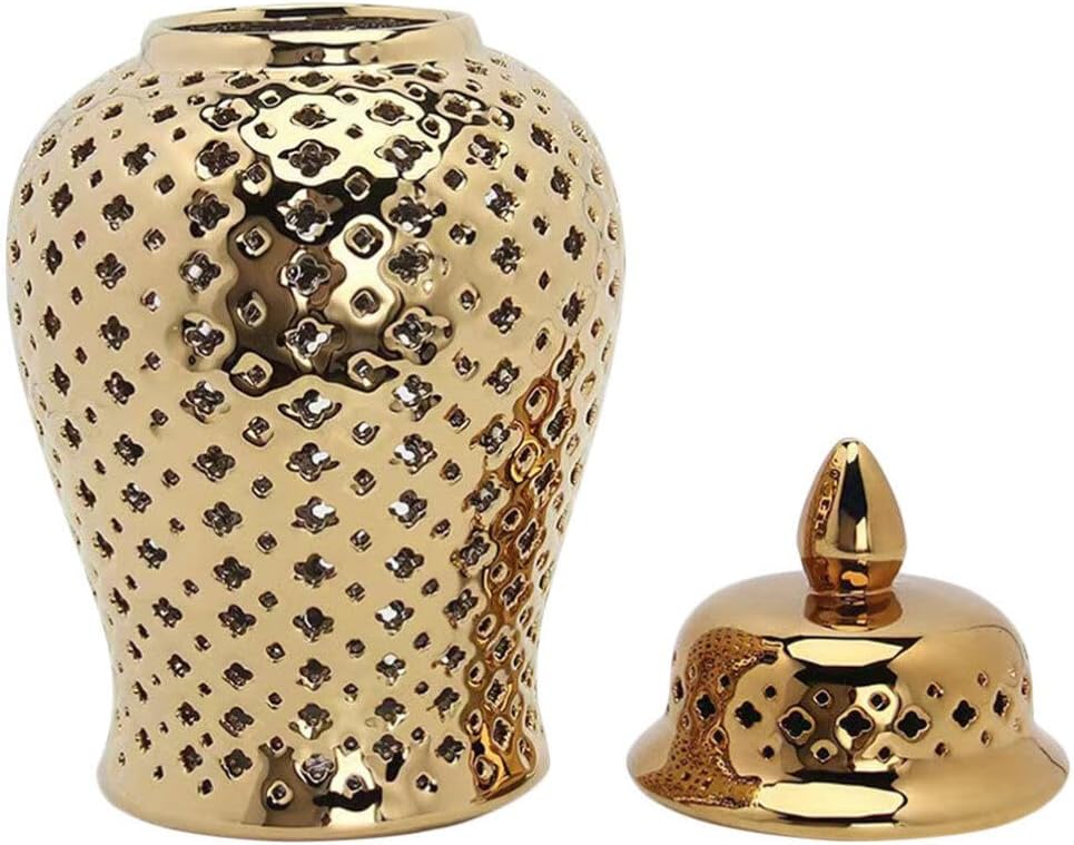 Ceramic Ginger Jar with Lid Lattice Decorative Temple Jar Cut Out Ceramic Vase and Kitchen Decoration Golden 22x10cm