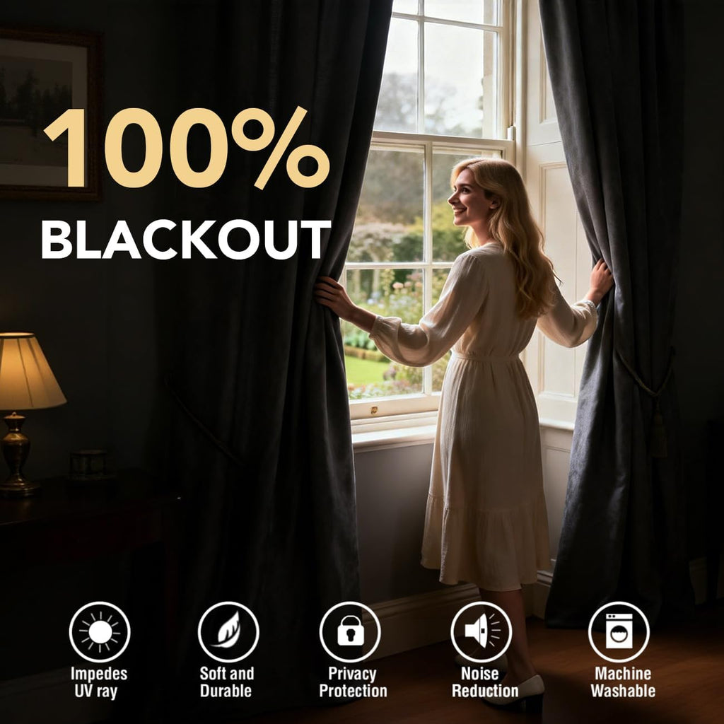 Velvet 100% Blackout Curtains 55x108 Stone Blue 2 Panels