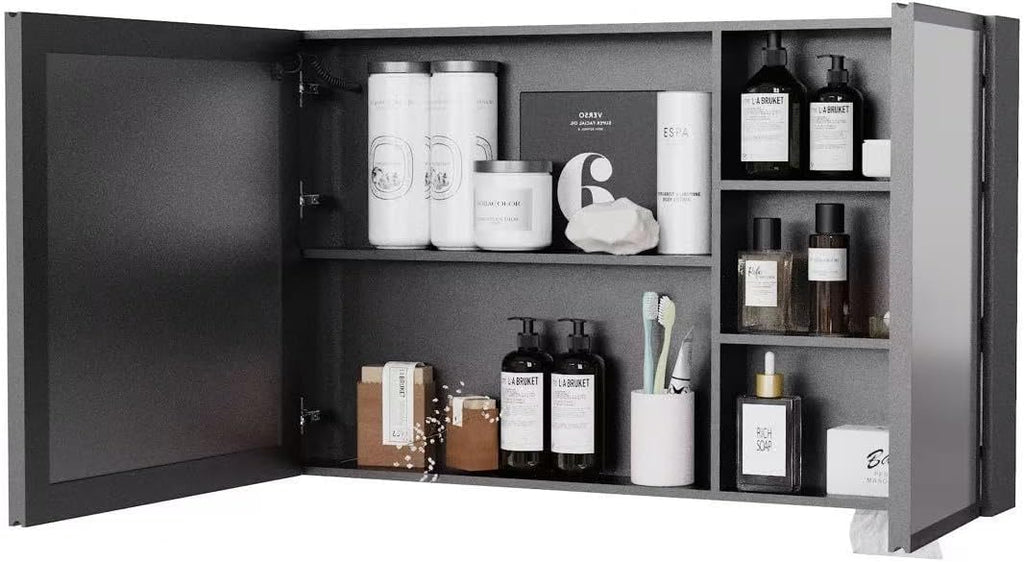 35.43" x 23.62" LED Bathroom Medicine Mirror Cabinet, Wall Mounted Double Door Vanity Storage Cabinet with Anti-Fog