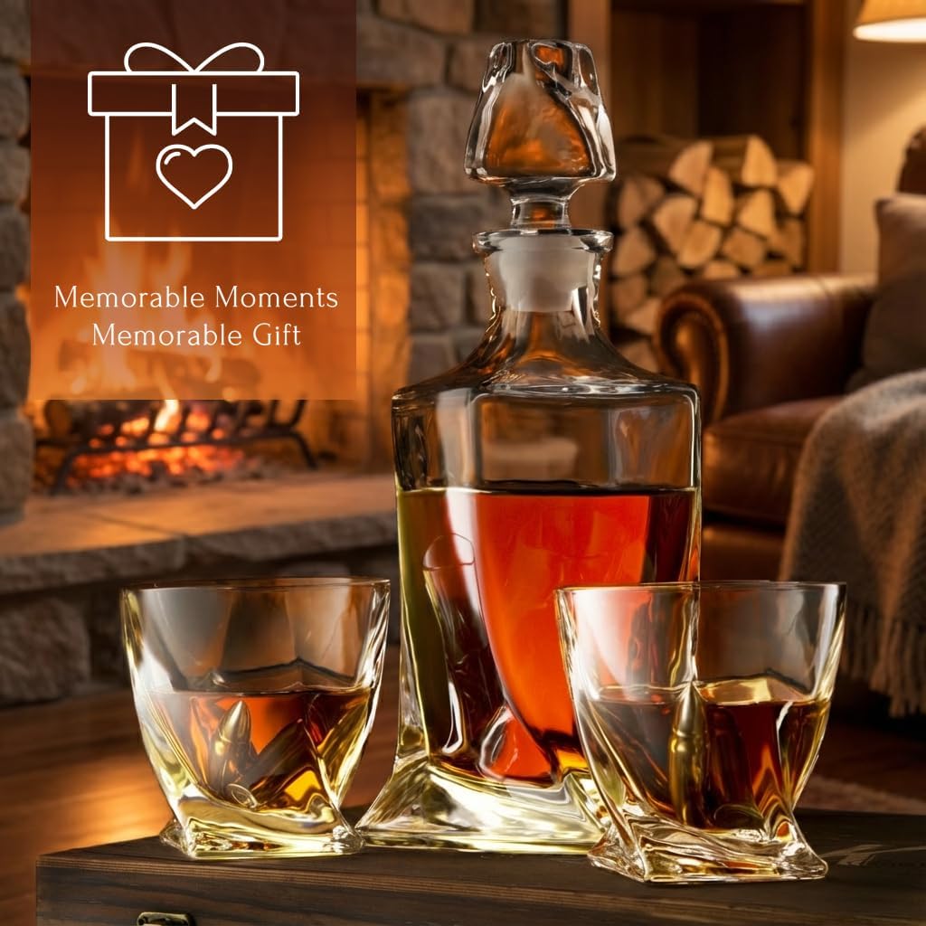 Whiskey Decanter and Stones Gift Set for Men - Whiskey Decanter, 2 Twisted Whiskey Glasses, 6 XL Stainless Steel - Set of 12
