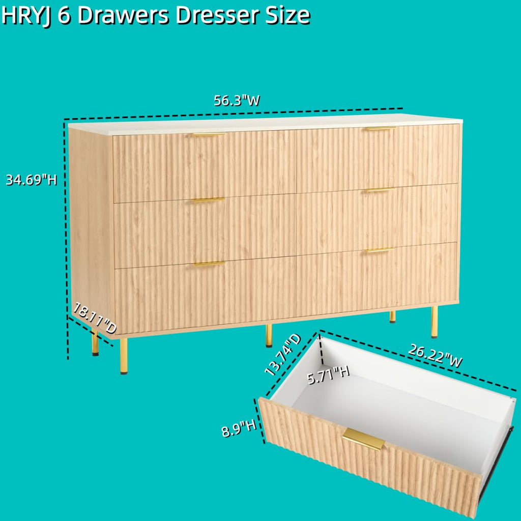 Faux Marble Top 56" Wide 6 Drawers Dresser with Gold Handle, Oak