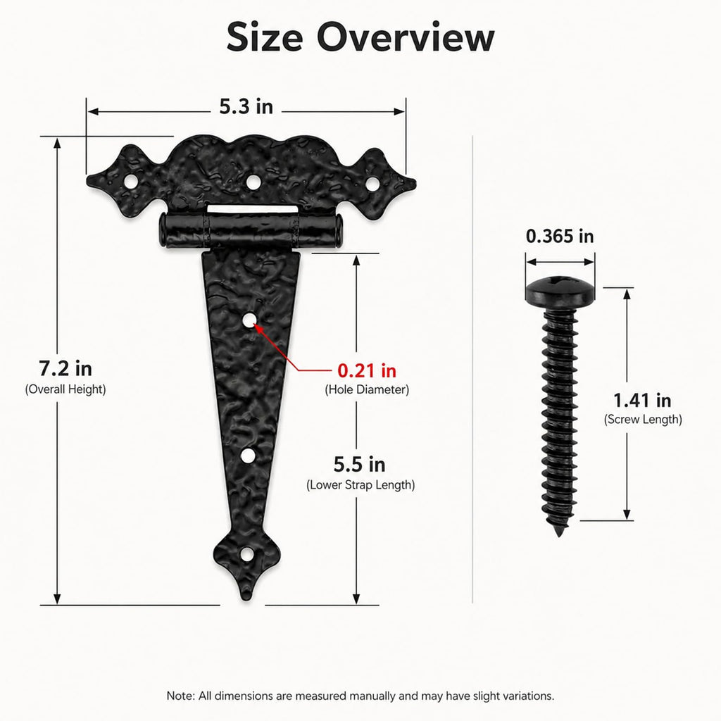 6 Inch Decorative Hammered Tee Hinge, 2 Pack Black Heavy Duty T-Strap Hinges for Garden Gates, Shed Doors, Barns &