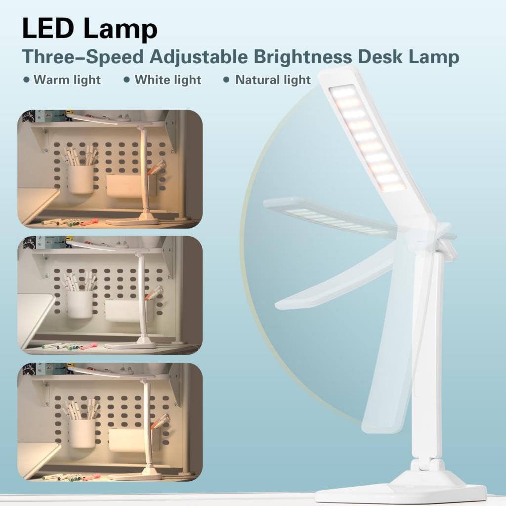 Kids Study Desk, Height Adjustable Children School Desk w/Hutch, LED Lamp