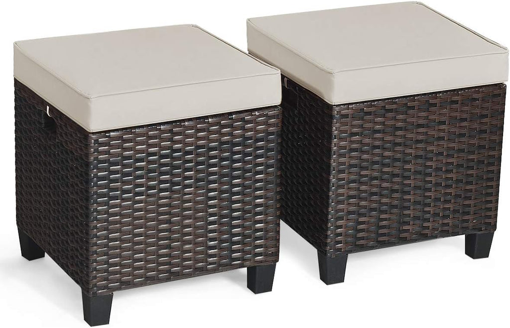 2 Pieces Outdoor Patio Ottoman, All Weather Rattan Wicker Ottoman Seat, Patio Rattan Furniture, Outdoor Footstool