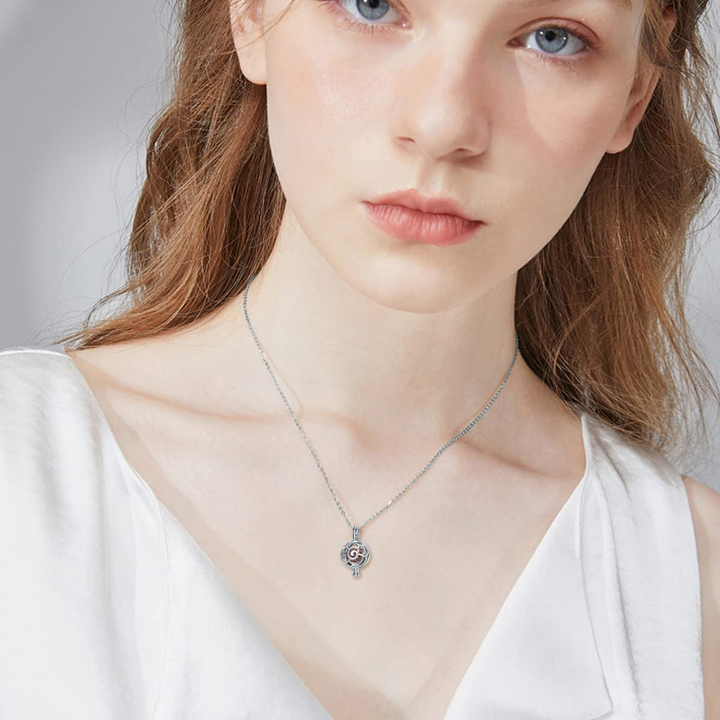 Sterling Silver Rose Aromatherapy Necklace Round Essential Oil Diffuser Locket Pendant with 10 Colors Volcanic Stone