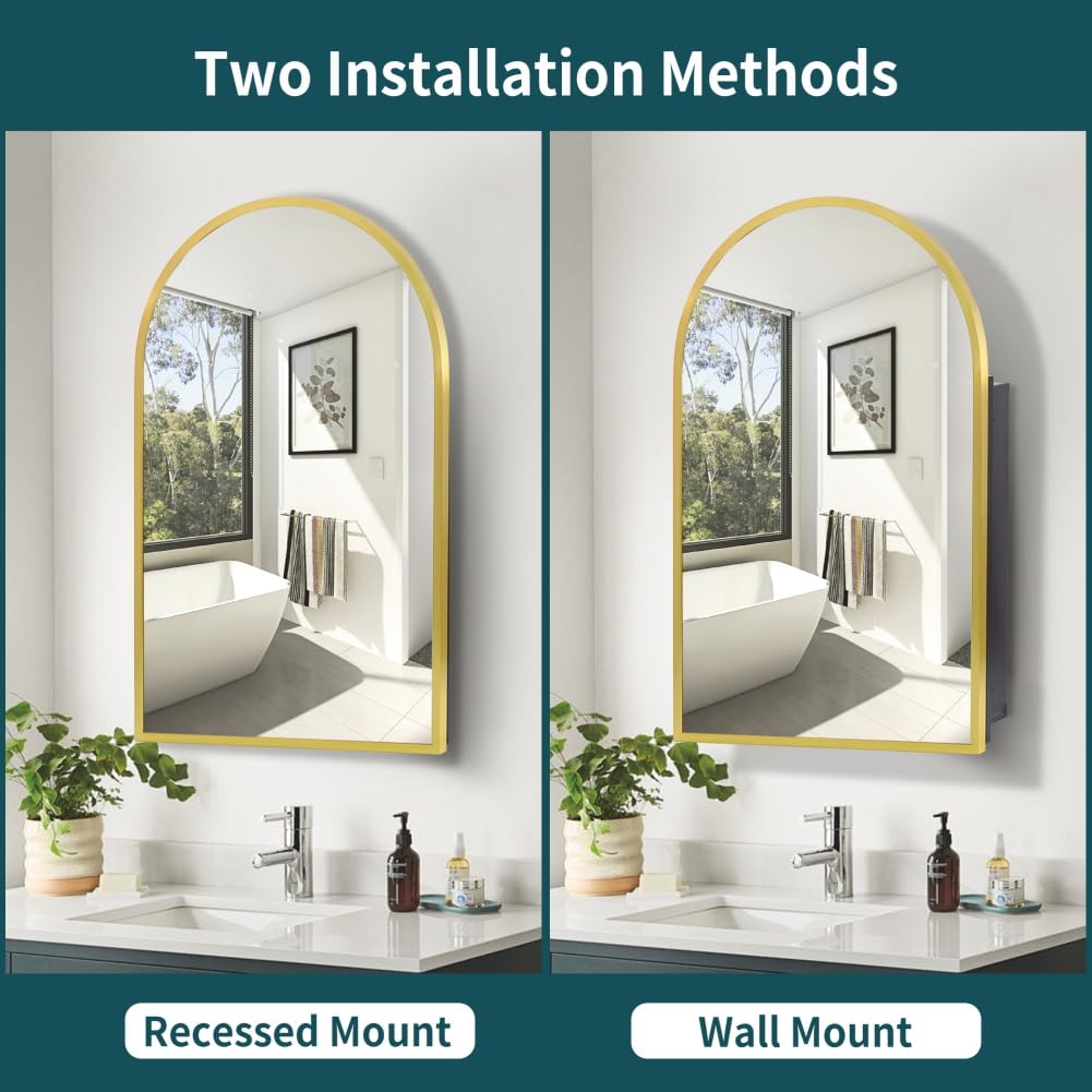 Arched Gold Medicine Cabinet with Mirror 20 x31 Inch