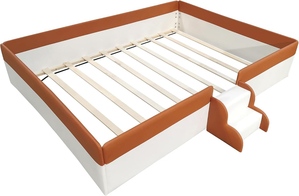 Queen Size Upholstered Daybed Frame with Fence and Stairs, Montessori Kids Floor Bed with Sturdy Slat Support for