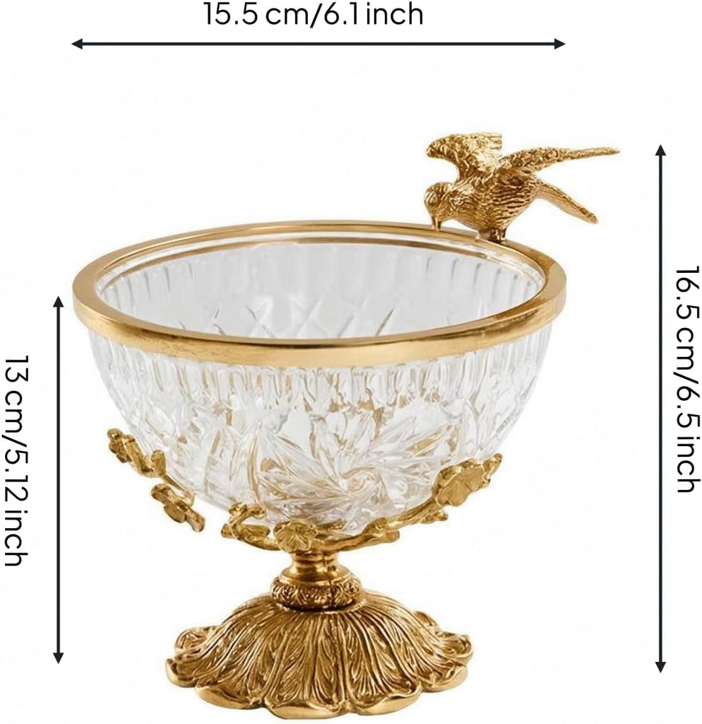 Brass Fruit Plate Bird Accents Crystal Glass Fruit Bowl Clear Decorative Pedestal Bowl