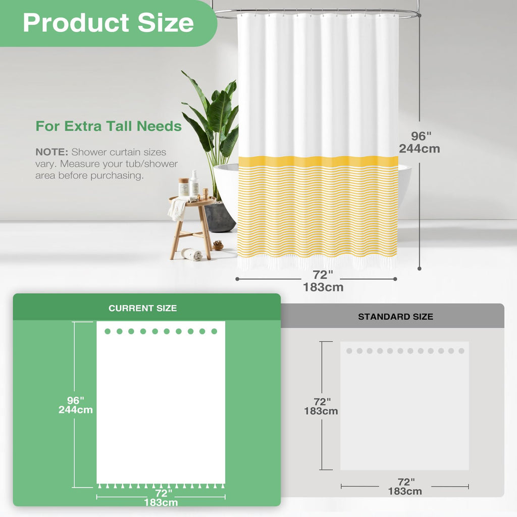 Extra Long Shower Curtains, 96 Inch Long Farmhouse Boho Yellow Striped Fabric Tassel Shower Curtains, Tall Bohemian