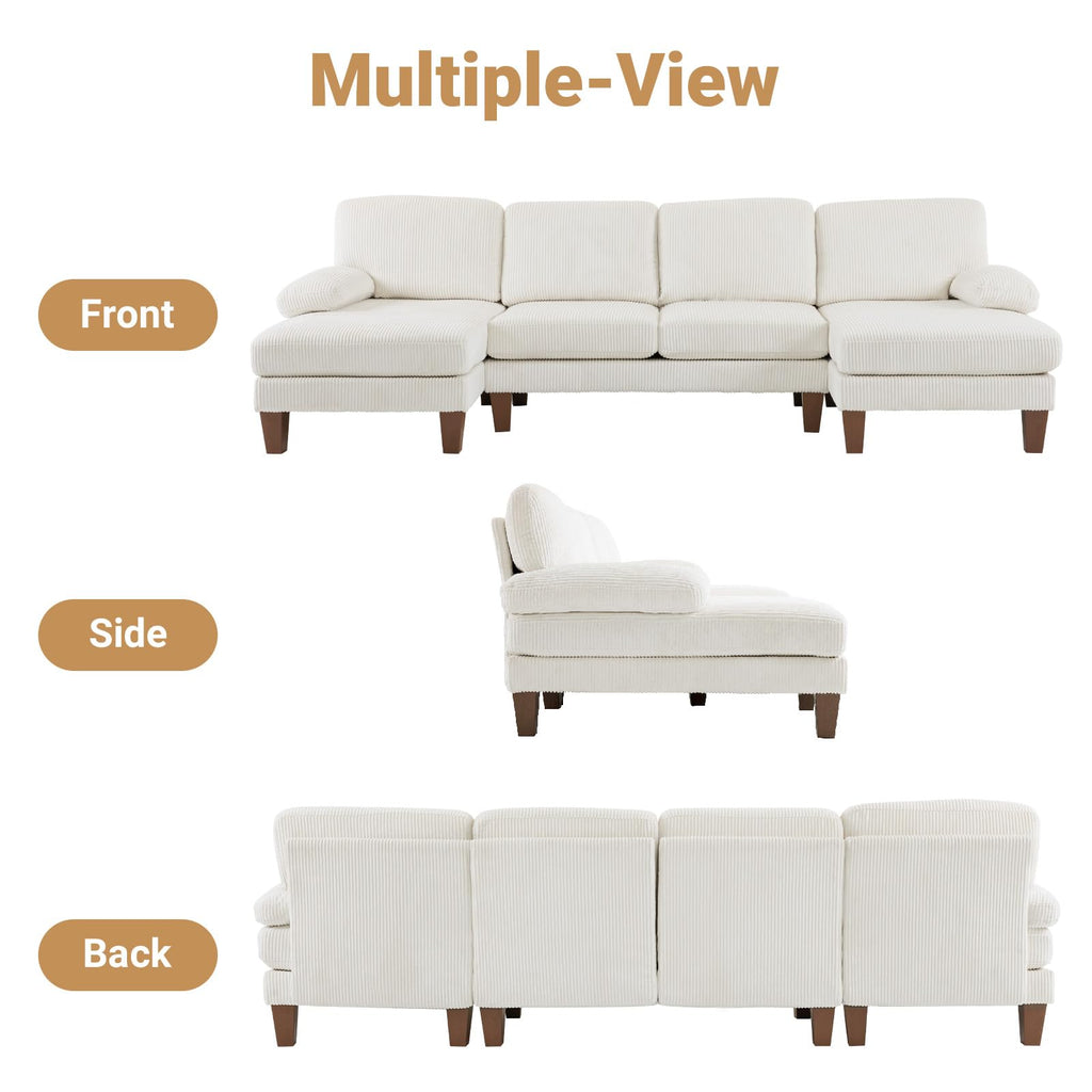 110' U Shaped Comfy Sectional Couch, Double Chaise Sofa in Corduroy Fabric, 4-Seater Upholstered Couch with Memory