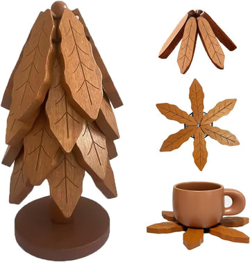 Creative Tree-Shaped Wooden Trivet - Foldable Dining Table Decor & Multi-Functional Heat Pad for Pots, Pans & Cups - Set of 4