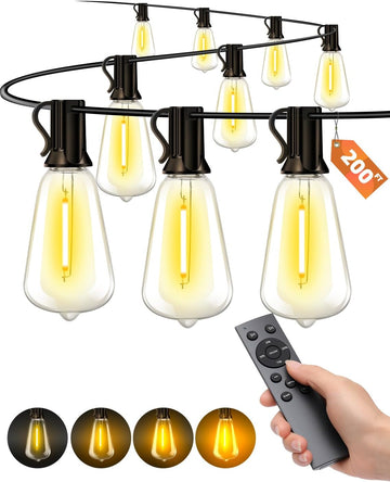 Outdoor Patio String Lights: 200Ft 60M Outside Waterproof Light - Remote Dimmable ST38 Shatterproof Bulb Connectable