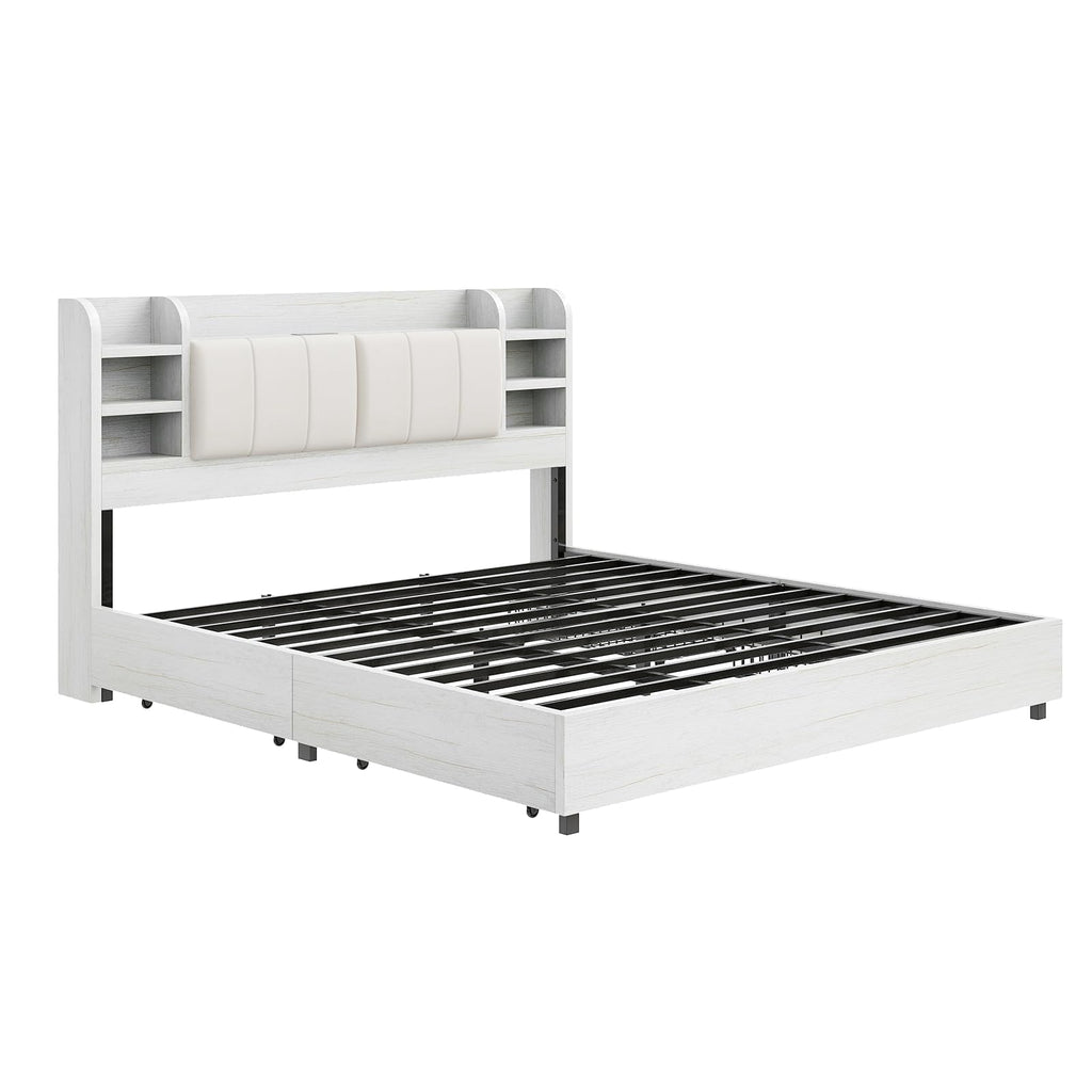 Bed Frame with Headboard & Charging Station, Rustic White