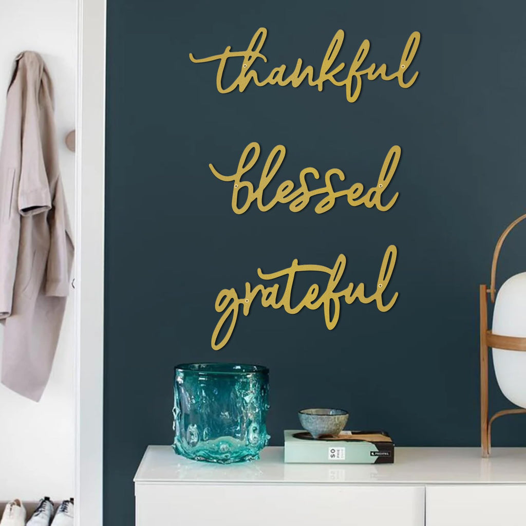 Thankful Grateful Blessed Letter Sign Metal Wall Decor, 3 Piece Gold Letters Wall Art Bedroom Metal Words Wall Decor