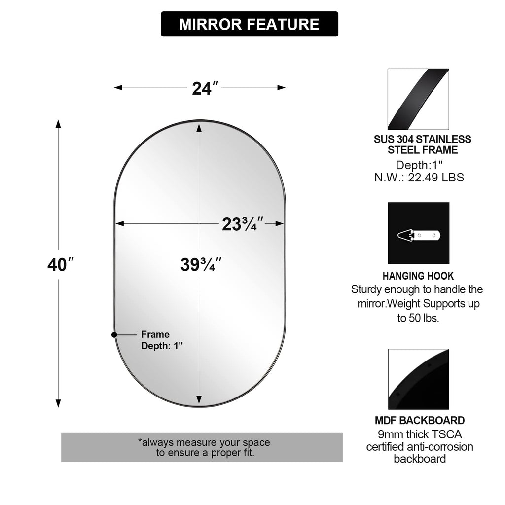 Oval Mirrors, 24x40'' Black Vanity Mirror, Black Oval Mirror Pill Shaped, 1'' Deep Stainless Steel Frame