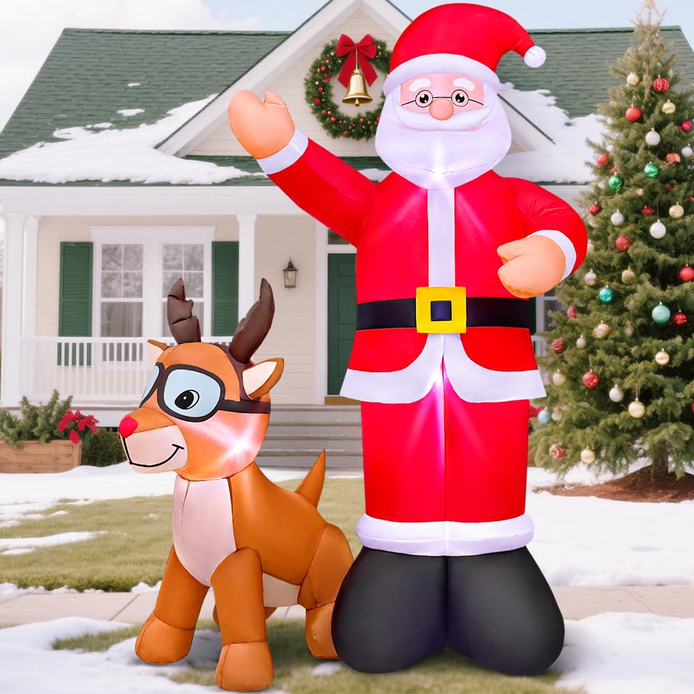 6FT Christmas Inflatables Santa Claus and Reindeer Blow Up Santa Deer Elk Yard Decorations with LED Light Up for Xmas