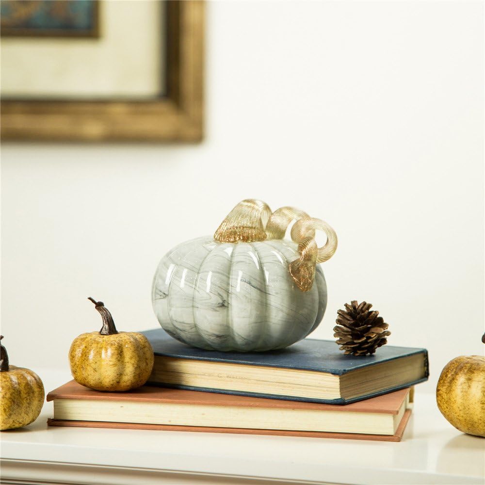 Hand Blown Glass Pumpkin Table Accent for Fall Harvest Decorating for Mother Gray Marble 4.13" H
