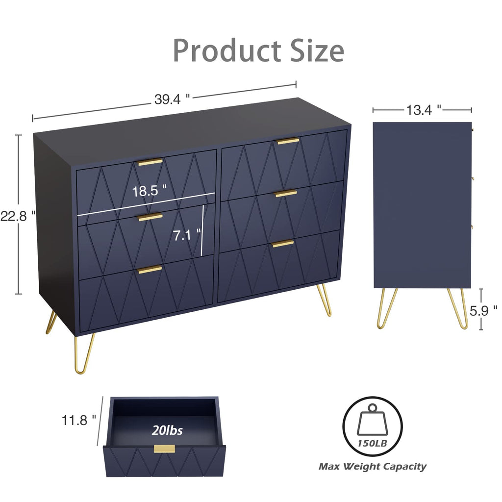 Navy Large Dresser 6 Drawer Dresser, Chest of Drawer with 6 Wide Drawers Wood Storage Cabinet Organizer with Metal