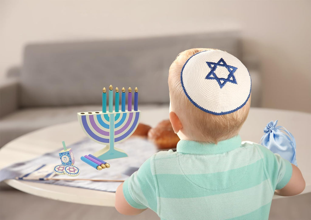 Mini Pastel Hanukkah , 2-Pack 5" Inch Children Wooden Chanukah Set with Removable Wooden Candles, 3" Inch Dreidel - Set of 2