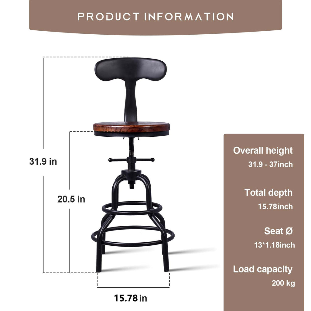 Industrial Vintage Counter Stool, Kitchen Counter Height Adjustable Swivel Chair, Metal Frame Stool, with Iron