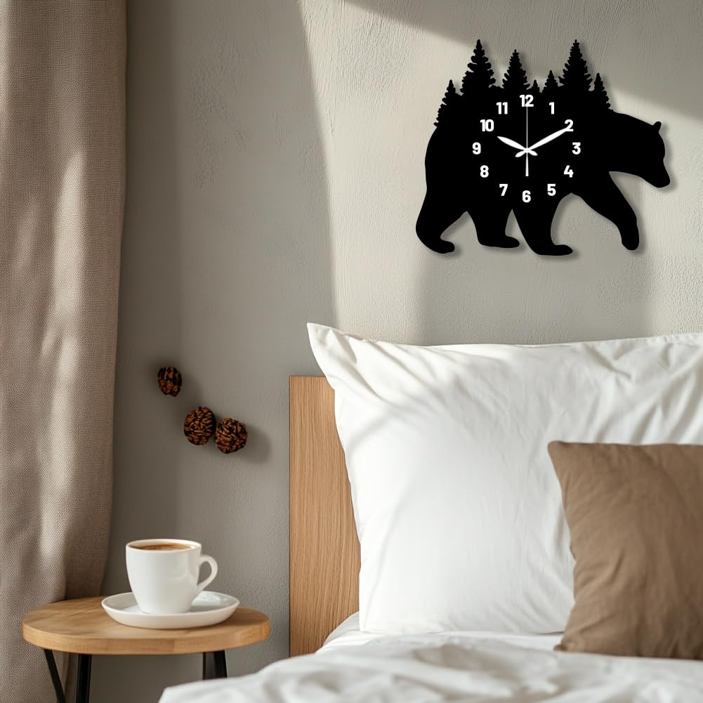 Bear Carrying Forest Pattern Wall Clock 15.2 Inch Wood Grain Non-Ticking Irregular Shape Clocks Wall Hanging Clock