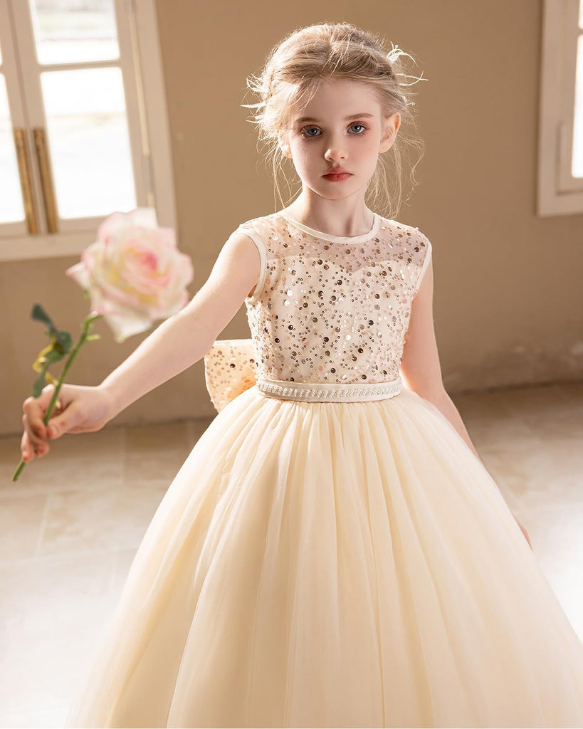 Sequin Tulle Dress Formal Pageant Sparkly Birthday Party Wedding Guest Ball Gown Dresses with Bow