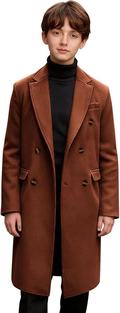 Unisex Kids Mid-Long Woolen Coats Elegant Double Breasted Warm Winter Trench Coat Outerwear Jackets for Girls Boys