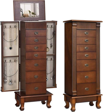 Jewelry Armoire, Wooden Jewelry Chest Storage Cabinet w/7 Drawers & 2 Swing Doors, 12 Necklace Hooks, Makeup Mirror &