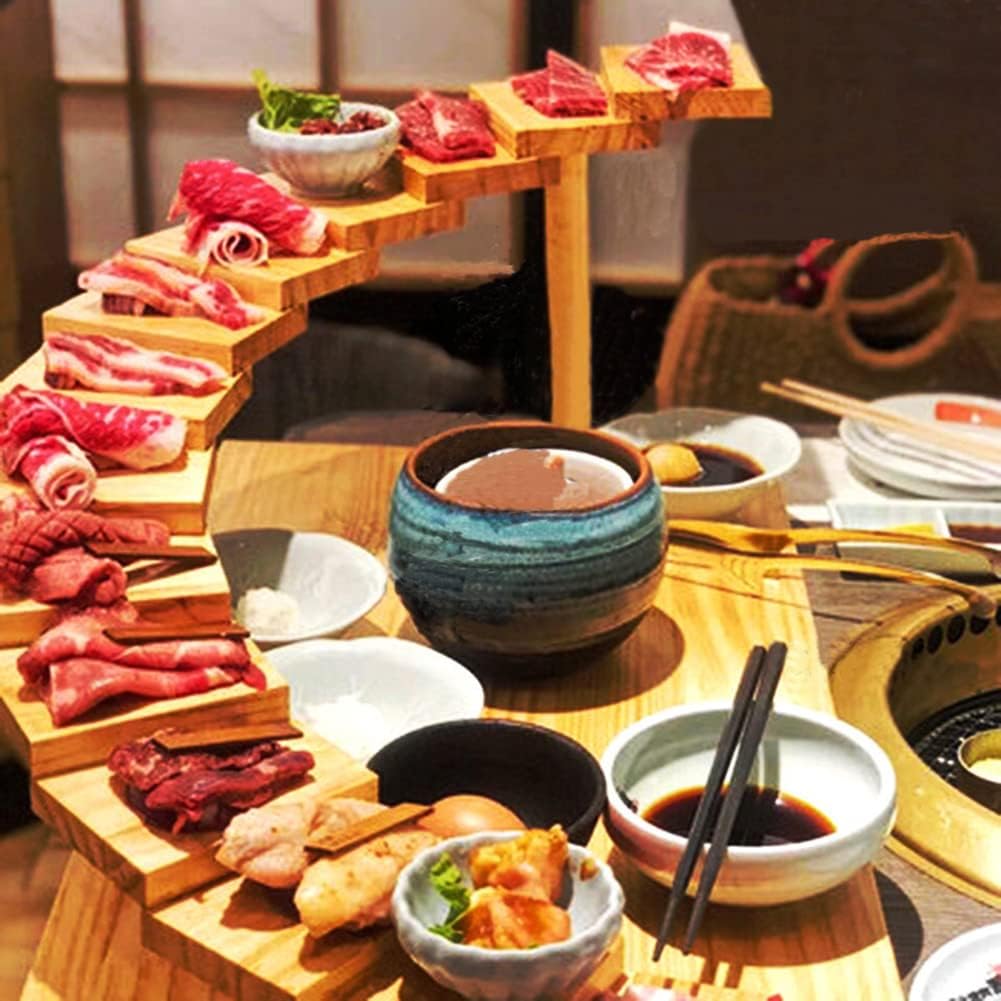 Japanese Wooden Sushi Plate Serving Tray, 12 Steps Stairs Creative Rotating Meat Plate Dish Sushi Sashimi Serving