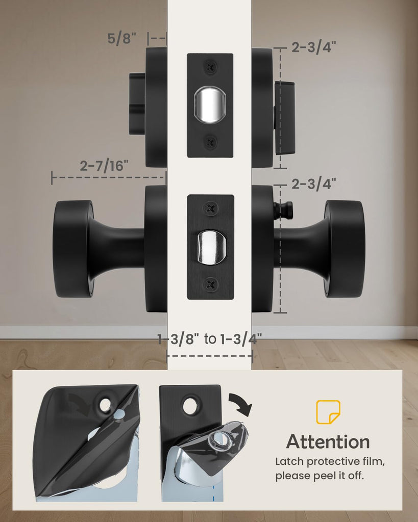 Black Door Knobs with Deadbolt, Zinc Alloy Exterior Front Door Knobs and Single Cylinder Deadbolt, Matte Black Front