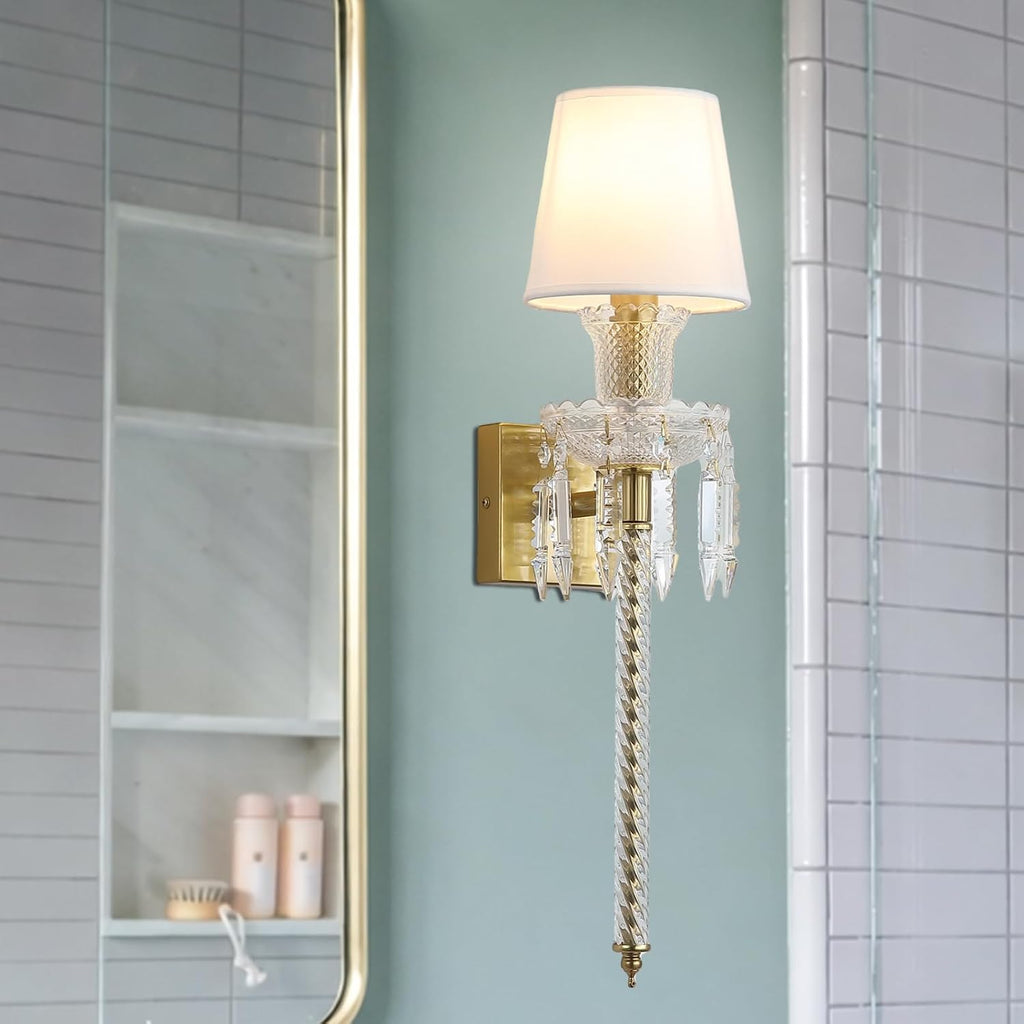 Modern Crystal Wall Sconce with Linen Shade Vintage Crystal Gold Wall Light Modern Glass Golden Wall Lamp for