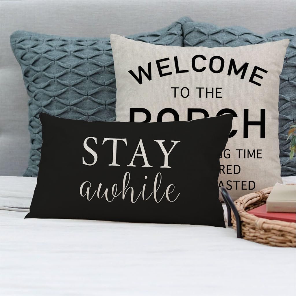 Welcome to Our Porch Stay Awhile Farmhouse Black and White Outdoor Lumbar Decorative Throw Pillow Covers 12x20 Inch