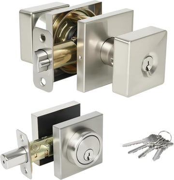 Satin Nickel Deadbolt and Door Knob Set - Square Exterior Door Knob with Deadbolt, Heavy Duty Keyed Alike for Front