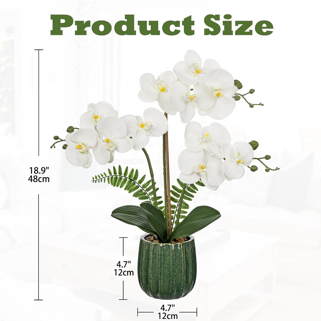 White Orchid Artificial Flowers in Ribbed Green Ceramic Pot, 18.9in Silk Orchid Fake Flower Real Touch Phalaenopsis