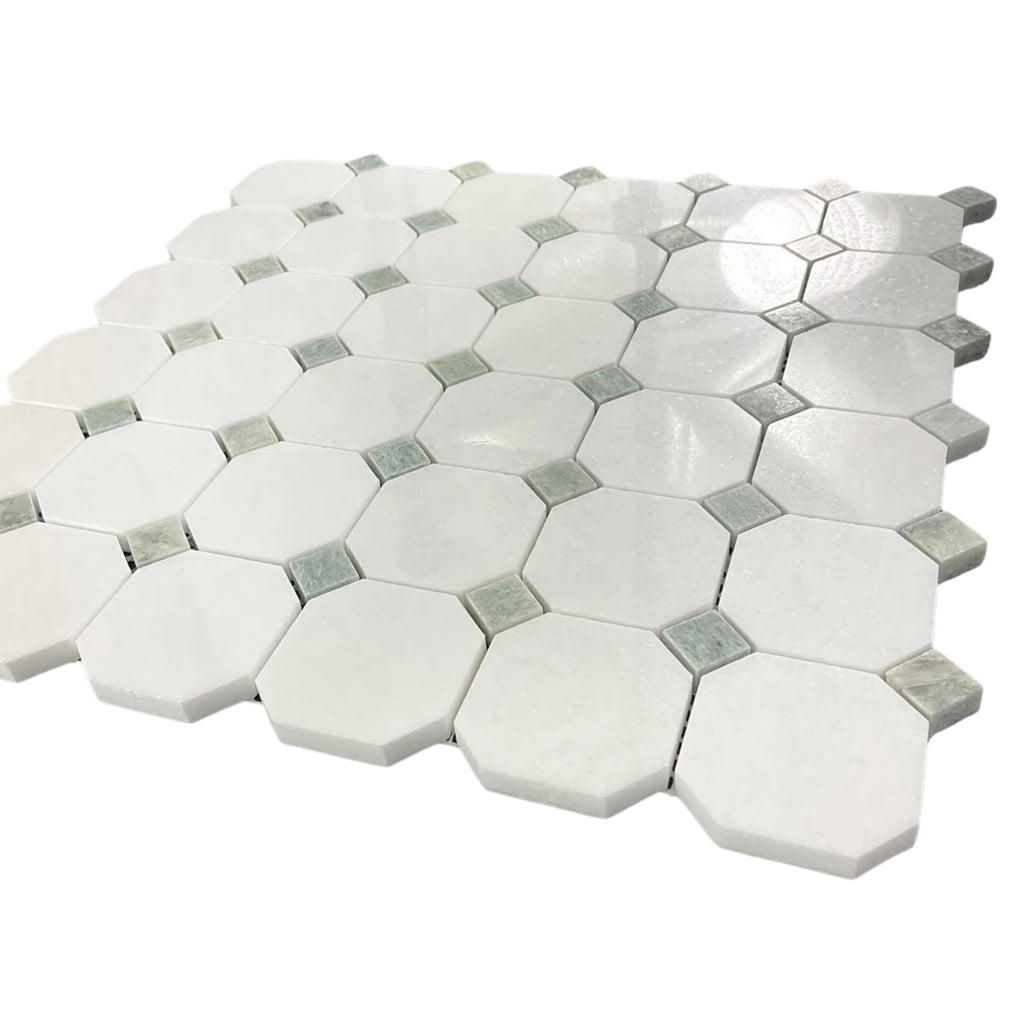White Marble Octagon Mosaic Tile with Green Dot - 12x12 Polished Natural Stone Mosaic for Wall & Floor, Bathroom