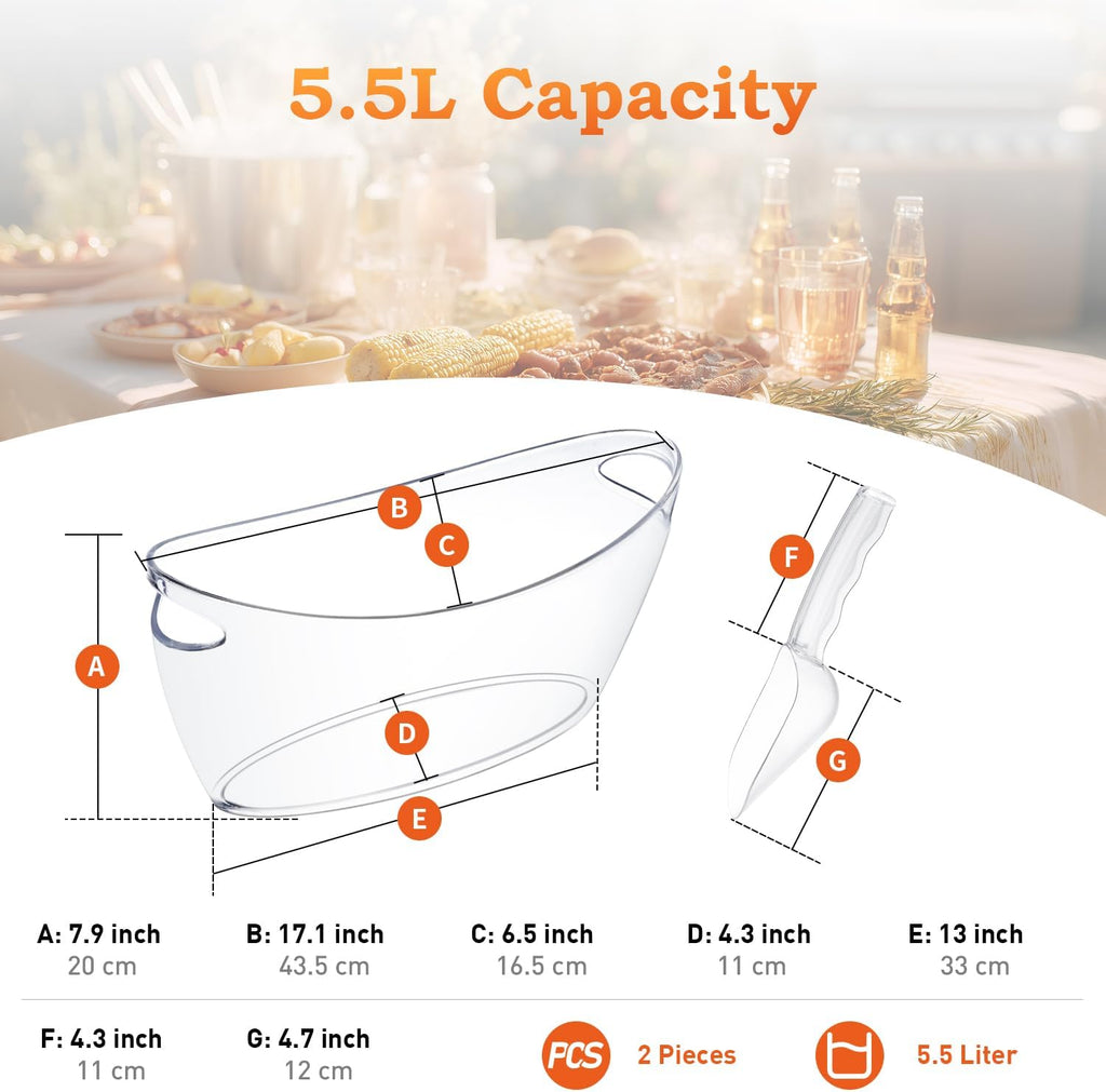 Ice Bucket for Parties, Clear Acrylic Drink Buckets with Scoop & Metal Wine Bottle Opener, 5.5L Large Champagne - Set of 2