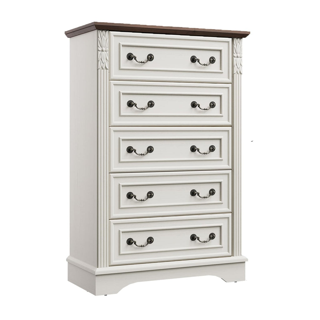 Antique White Dresser, 5 Drawers Dresser, Farmhouse Dresser, Wooden 5 Chest of Drawers with Thickened Wood Carving