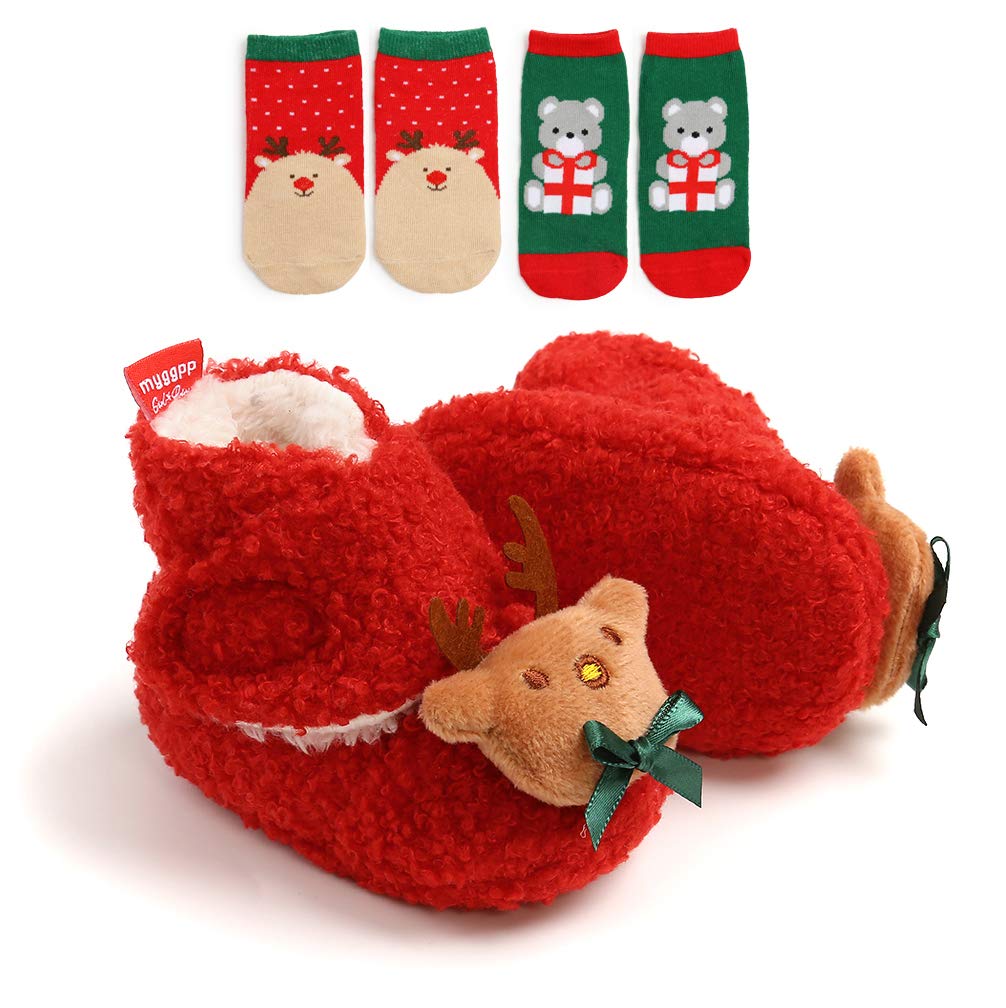 Infant Baby Booties Cozy Fleece Newborn Slippers Soft Warm Christmas Dress Shoes Cartoon Crib Shoes with Socks