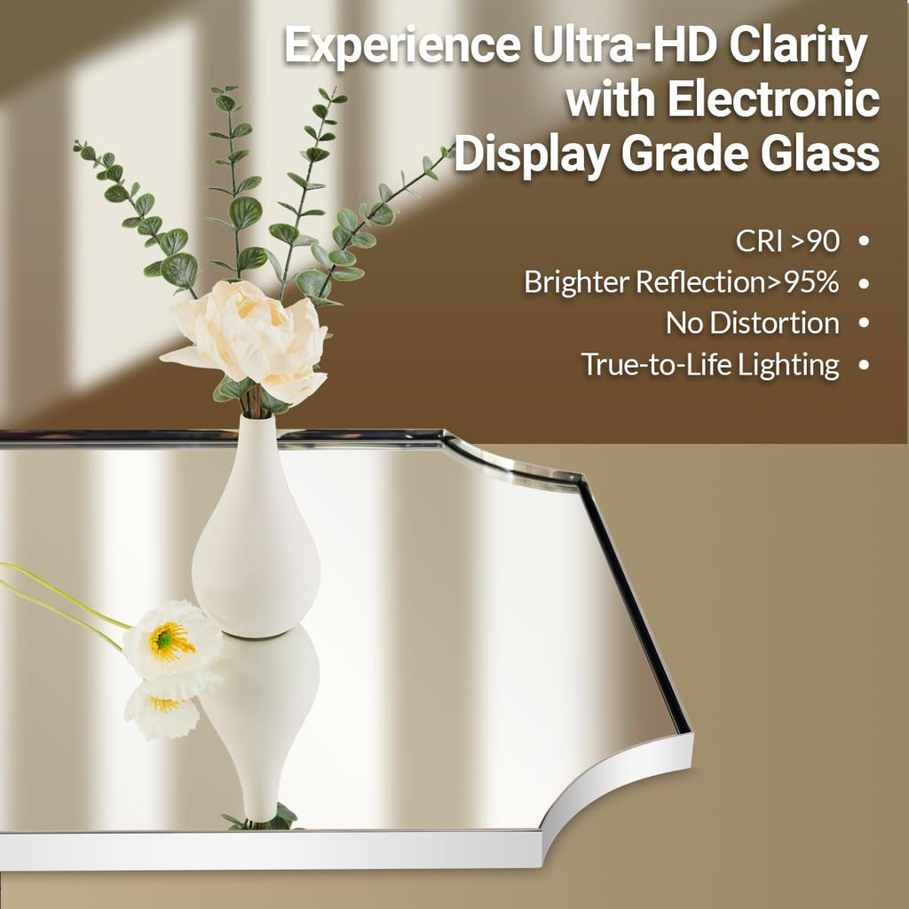 30"x30" Chrome Bathroom Mirror, Square Vanity Mirror, Scalloped Wall Mirror in Rustproof Stainless Steel Thin Frame