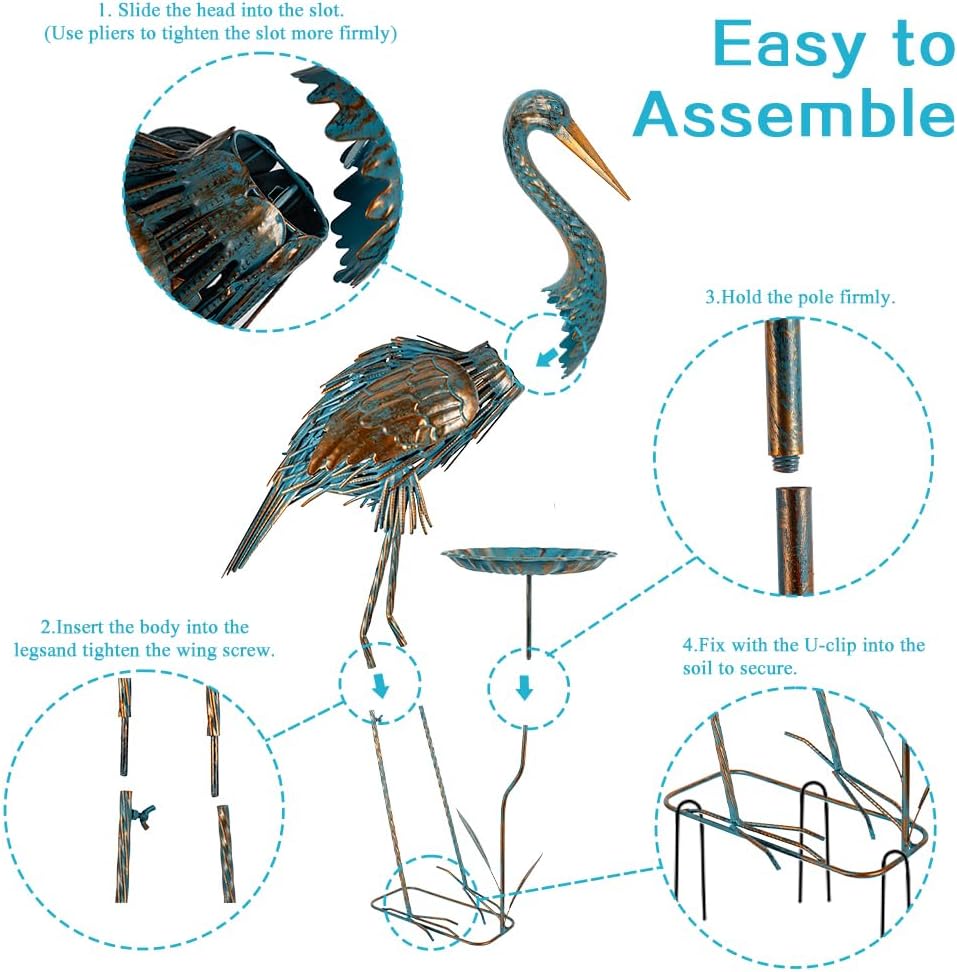 Metal Crane Garden Statue for Outside with Leaf Tray | Large Heron Outdoor Statues, Elegant Crane Yard Art Garden