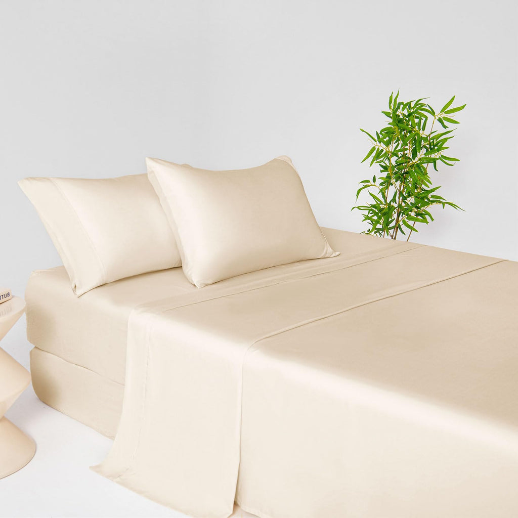 100% Viscose Derived from Bamboo King Sheet Set Beige, 4 Pieces Soft Cooling Bedding with Deep Pocket UP to 16"