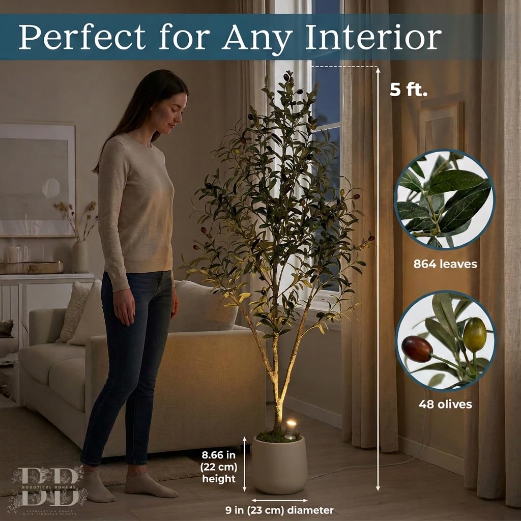 5ft Artificial Olive Tree with LED Light & White Pot - Fake Indoor Plant