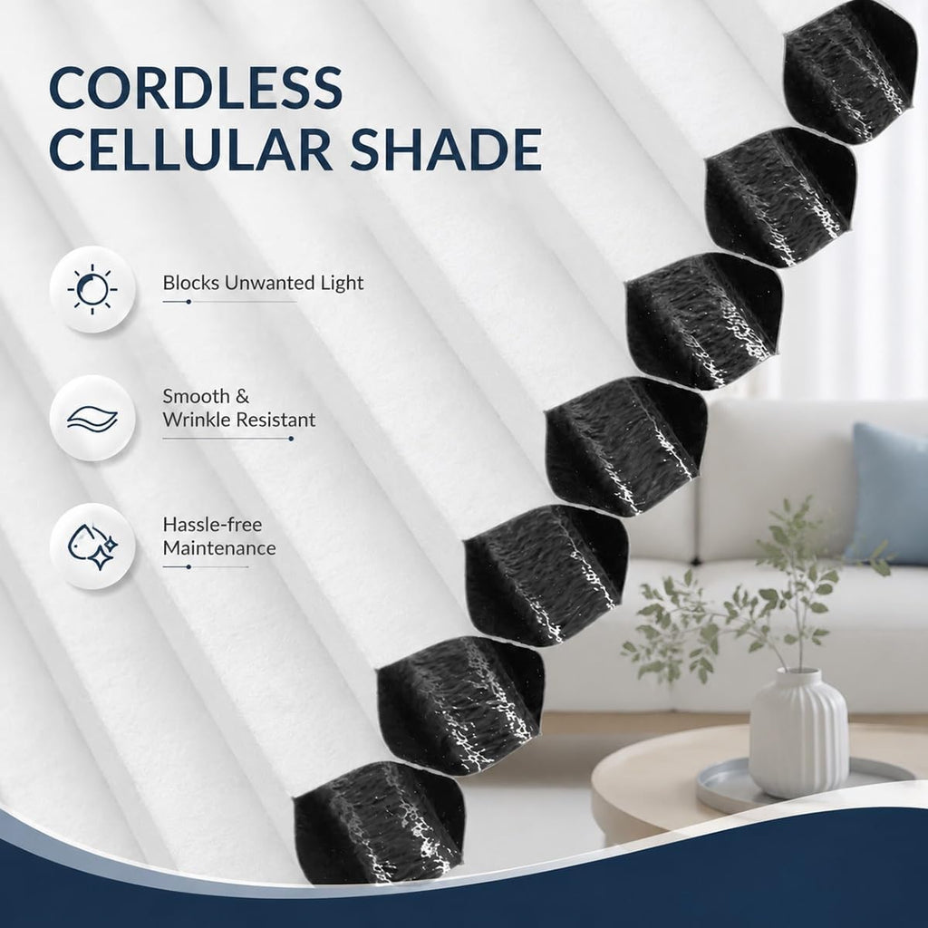 No Drill Blackout Cellular Shades, Cordless Honeycomb Blinds, Black Out Blinds for Indoor Windows, Heat Blocking