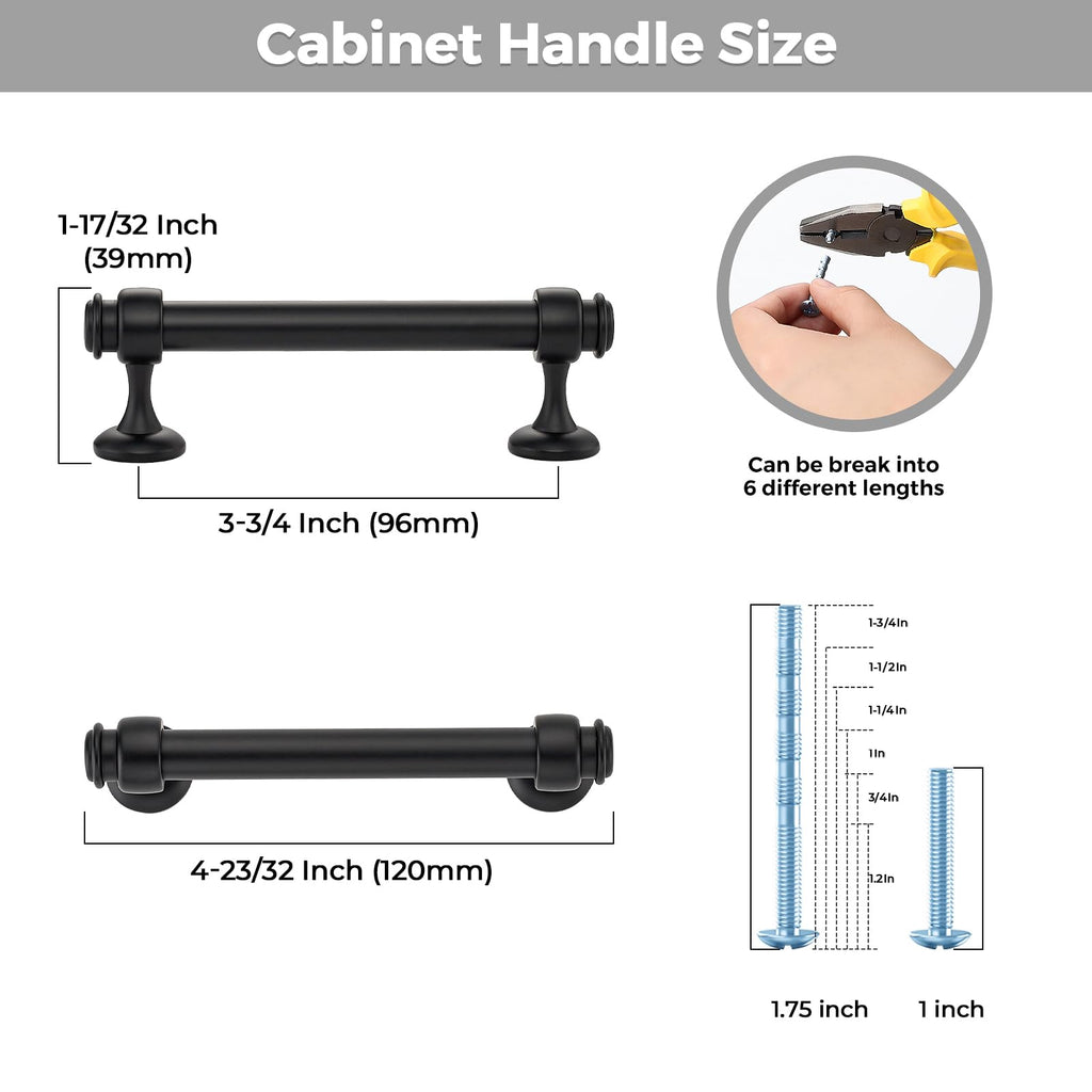 Decor 2 Pack Black Cabinet Handles, 3-3/4" Hole Center Drawer Pulls
