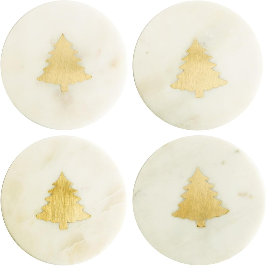 Round Marble Coasters with Brass Tree Inlay, White - Set of 4